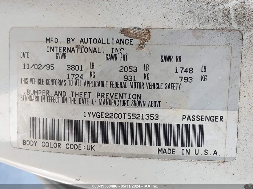 1996 Mazda 626 Dx/Lx VIN: 1YVGE22C0T5521353 Lot: 39560486