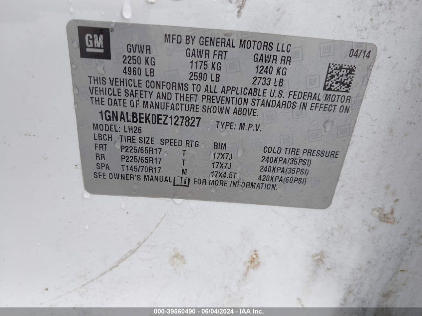 2014 Chevrolet Equinox 1Lt VIN: 1GNALBEK0EZ127827 Lot: 39560490