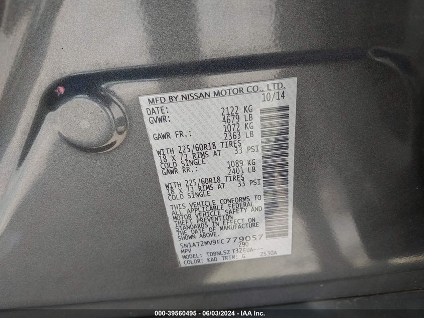 2015 Nissan Rogue Sl VIN: 5N1AT2MV9FC779057 Lot: 39560495