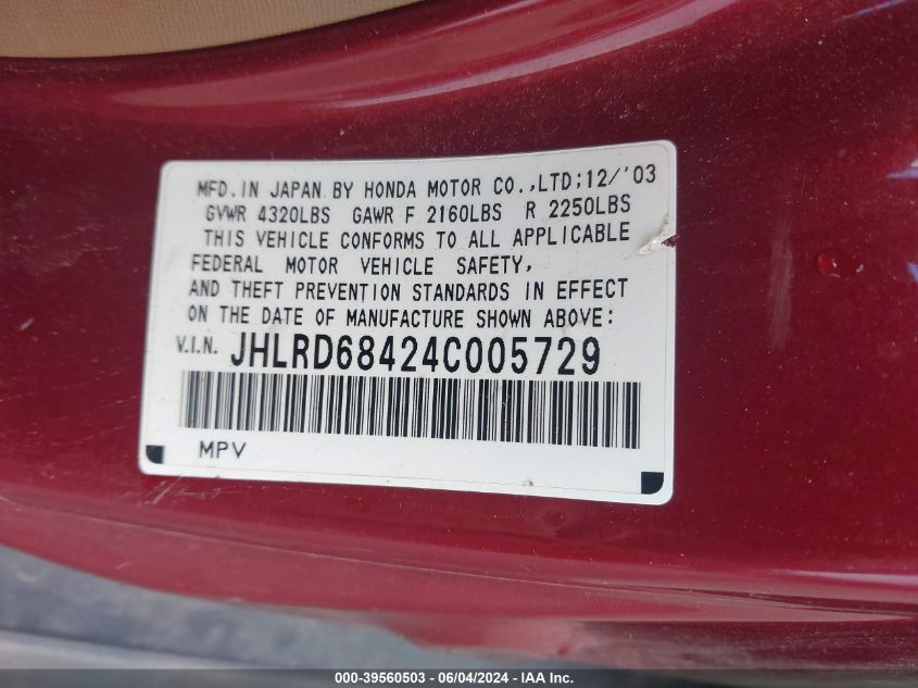 2004 Honda Cr-V Lx VIN: JHLRD68424C005729 Lot: 39560503