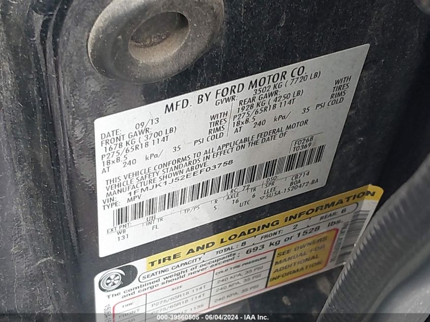 2014 Ford Expedition El Xlt VIN: 1FMJK1J52EEF03758 Lot: 39560505