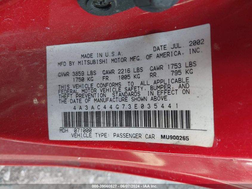 2003 Mitsubishi Eclipse Gs VIN: 4A3AC44G73E035441 Lot: 39560527