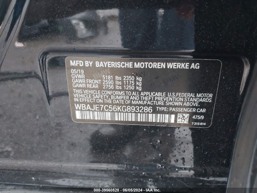2019 BMW 540I xDrive VIN: WBAJE7C56KG893286 Lot: 39560528