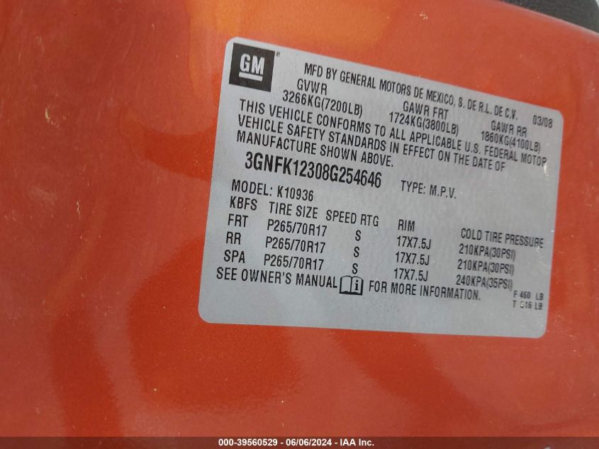 2008 Chevrolet Avalanche 1500 Ls VIN: 3GNFK12308G254646 Lot: 39560529