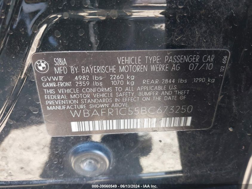2011 BMW 528I VIN: WBAFR1C55BC673250 Lot: 39560549