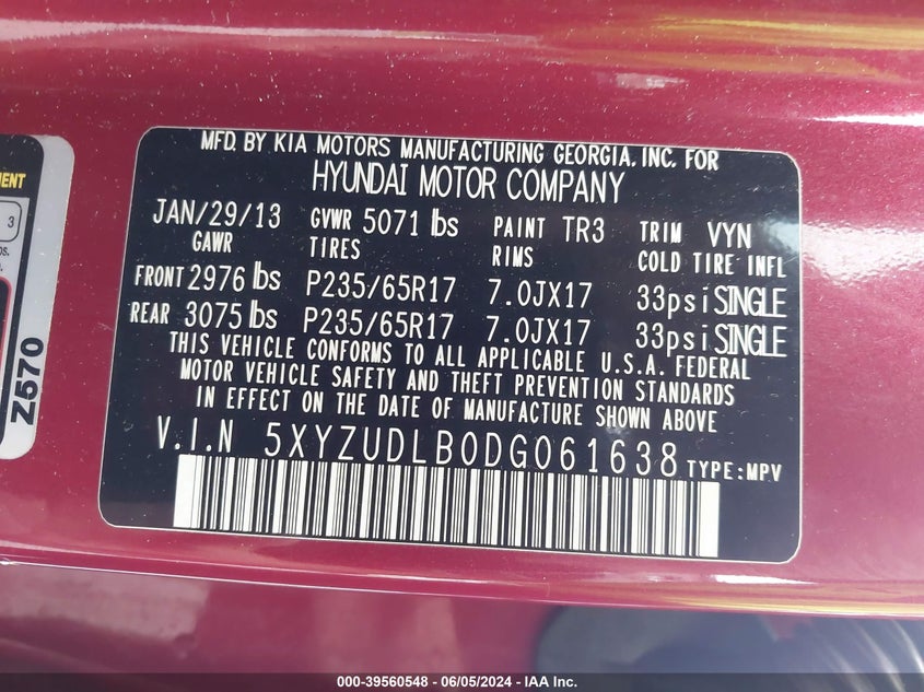 2013 Hyundai Santa Fe Sport VIN: 5XYZUDLB0DG061638 Lot: 39560548