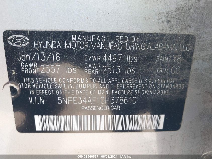 2016 Hyundai Sonata Sport VIN: 5NPE34AF1GH378610 Lot: 39560557