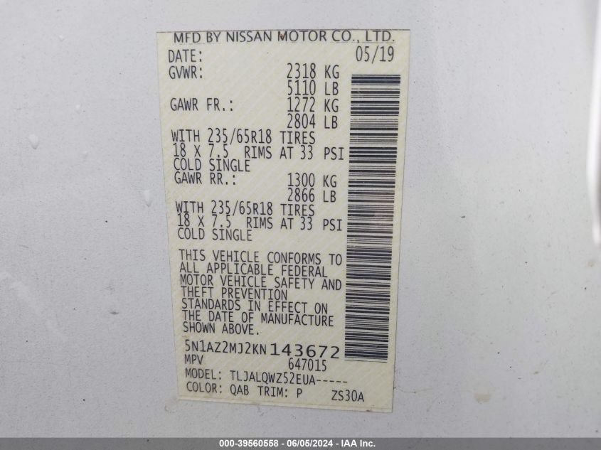 2019 Nissan Murano Sv VIN: 5N1AZ2MJ2KN143672 Lot: 39560558