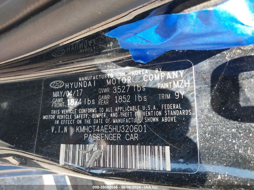 2017 Hyundai Accent Value Edition VIN: KMHCT4AE5HU320601 Lot: 39560566