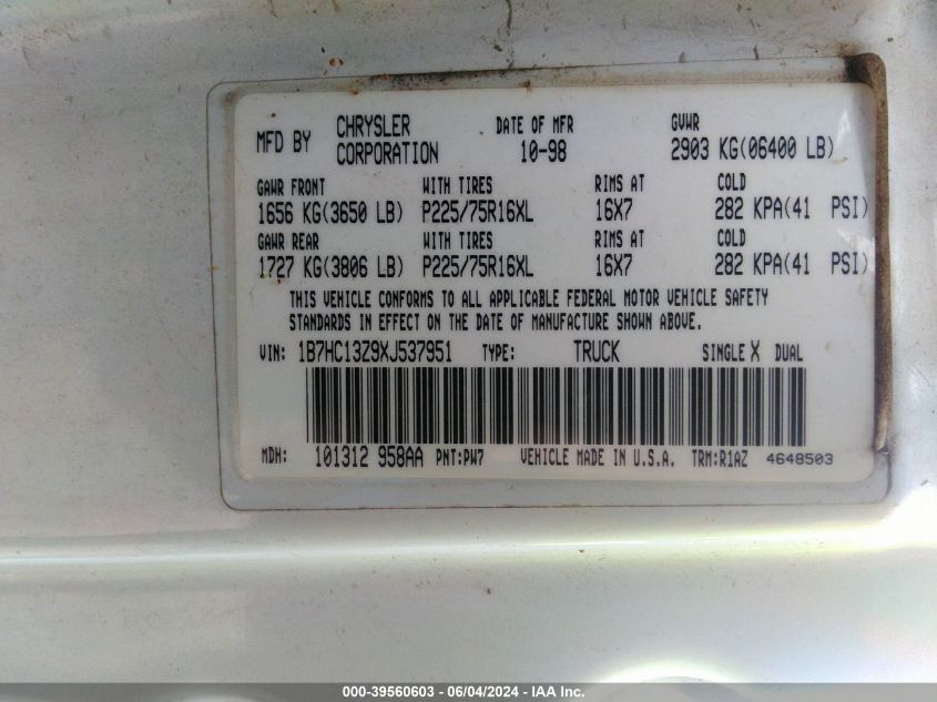 1999 Dodge Ram 1500 St VIN: 1B7HC13Z9X1537951 Lot: 39560603