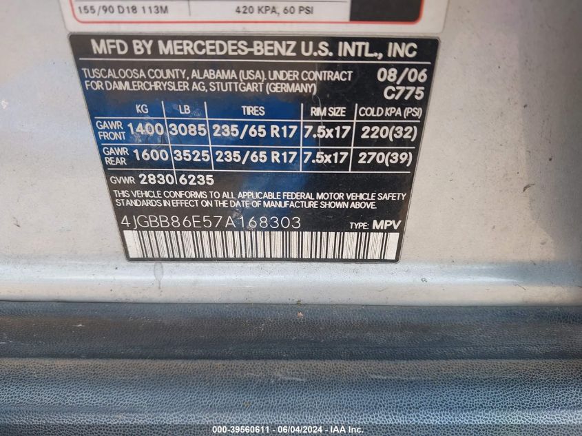 2007 Mercedes-Benz Ml 350 4Matic VIN: 4JGBB86E57A168303 Lot: 39560611