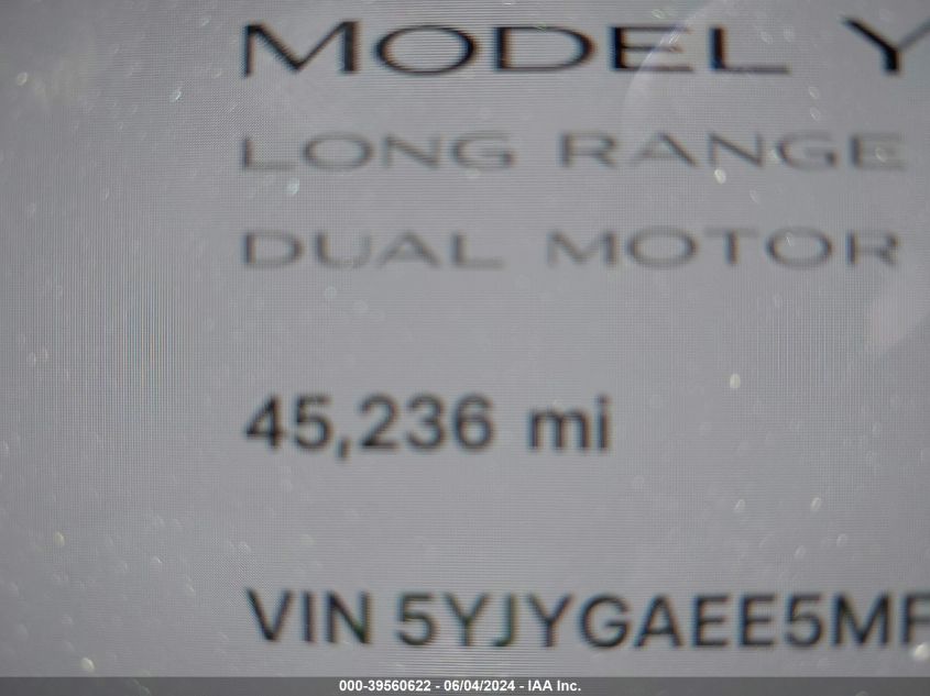 2021 Tesla Model Y Long Range Dual Motor All-Wheel Drive VIN: 5YJYGAEE5MF136625 Lot: 39560622