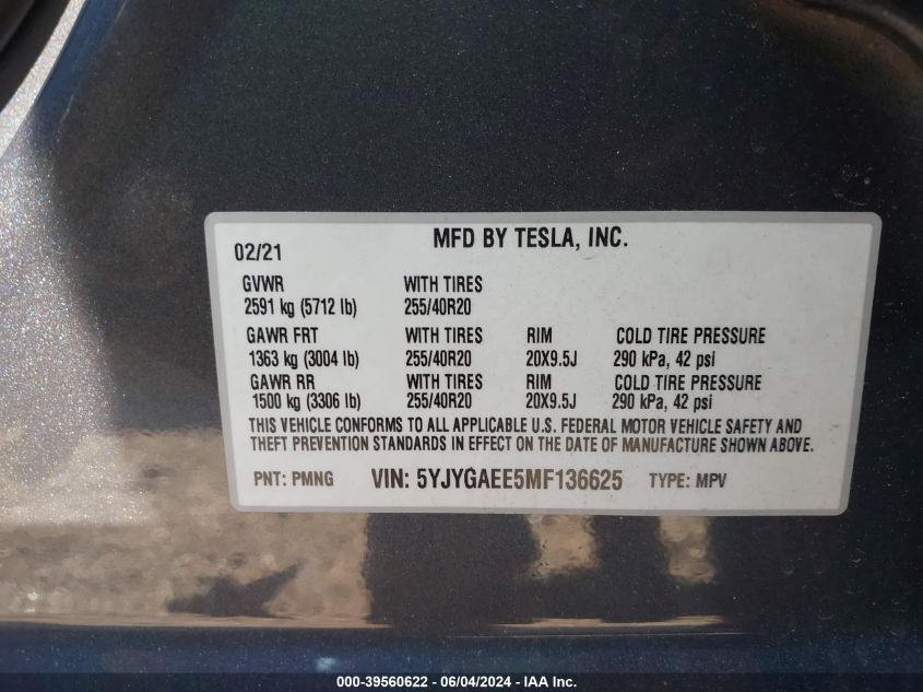 2021 TESLA MODEL Y - 5YJYGAEE5MF136625