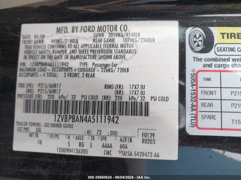 2010 Ford Mustang V6/V6 Premium VIN: 1ZVBP8AN4A5111942 Lot: 39560624