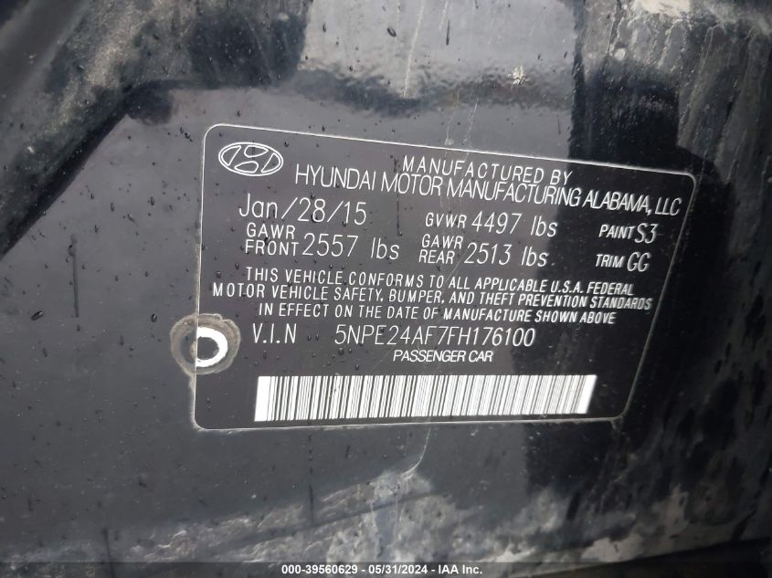 2015 Hyundai Sonata Se VIN: 5NPE24AF7FH176100 Lot: 39560629