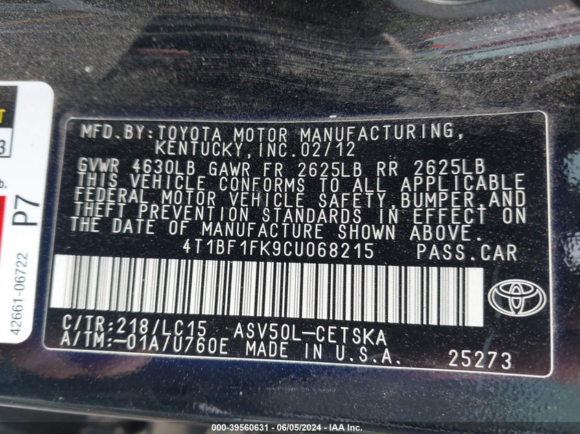2012 Toyota Camry Se VIN: 4T1BF1FK9CU068215 Lot: 39560631