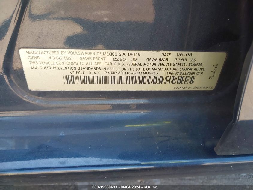 2008 Volkswagen Jetta Se/Sel VIN: 3VWRZ71K98M198945 Lot: 39560633