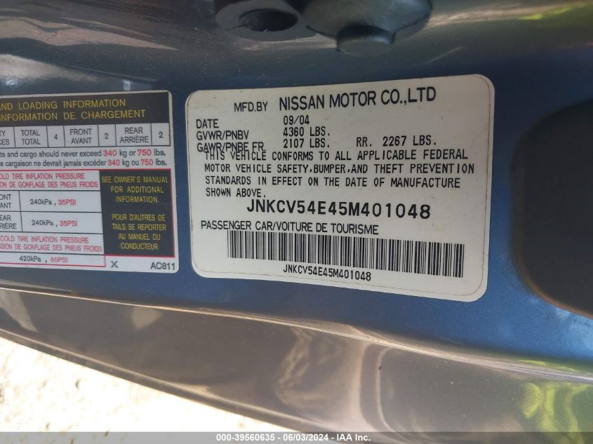 2005 Infiniti G35 VIN: JNKCV54E45M401048 Lot: 39560635