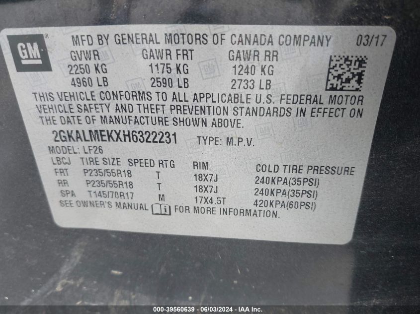 2017 GMC Terrain Sle-1 VIN: 2GKALMEKXH6322231 Lot: 39560639