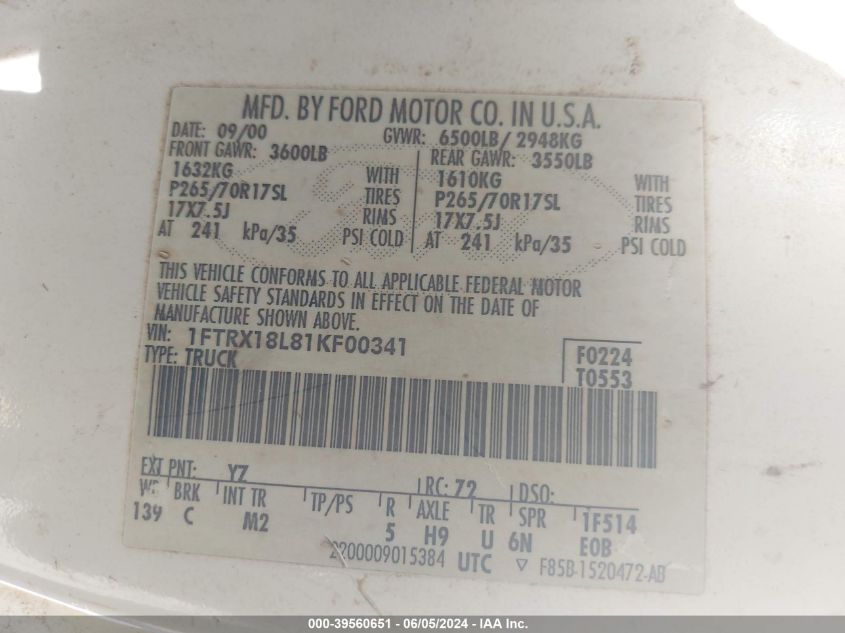 2001 Ford F-150 Lariat/Xl/Xlt VIN: 1FTRX18L81KF00341 Lot: 39560651