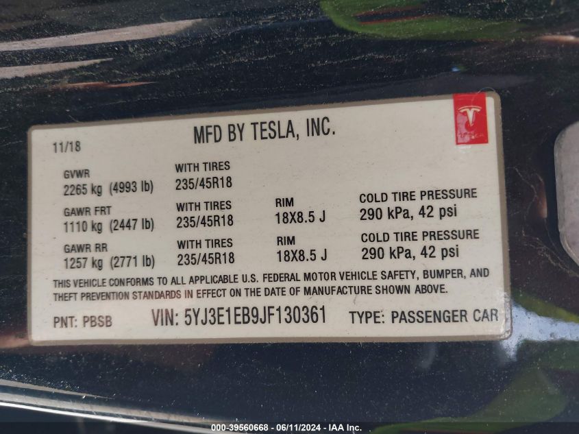 5YJ3E1EB9JF130361 2018 Tesla Model 3 Long Range/Performance