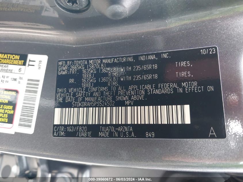 2023 Toyota Highlander Le VIN: 5TDKDRAH5PS524502 Lot: 39560672