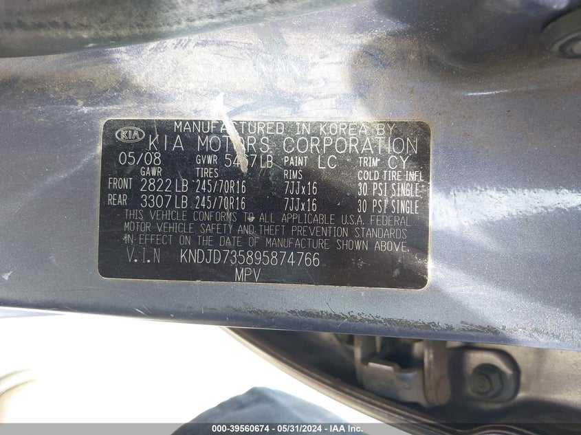 2009 Kia Sorento Lx VIN: KNDJD735895874766 Lot: 39560674