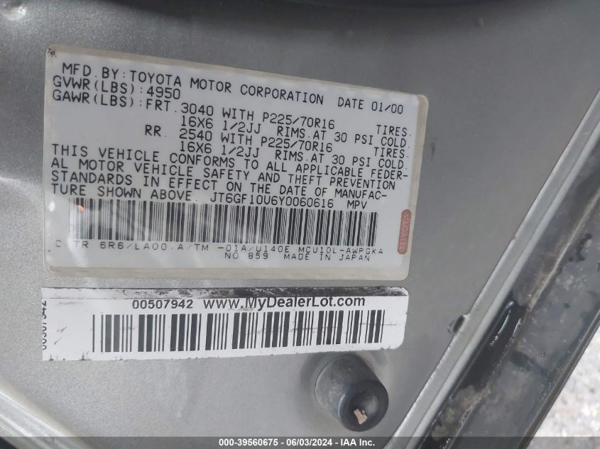 2000 Lexus Rx 300 VIN: JT6GF10U6Y0060616 Lot: 39560675