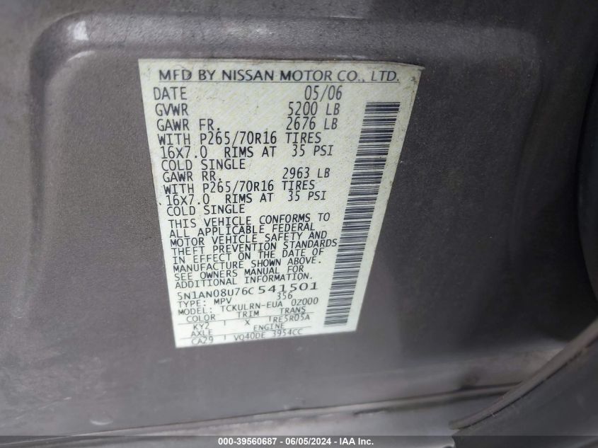 2006 Nissan Xterra S VIN: 5N1AN08U76C541501 Lot: 39560687