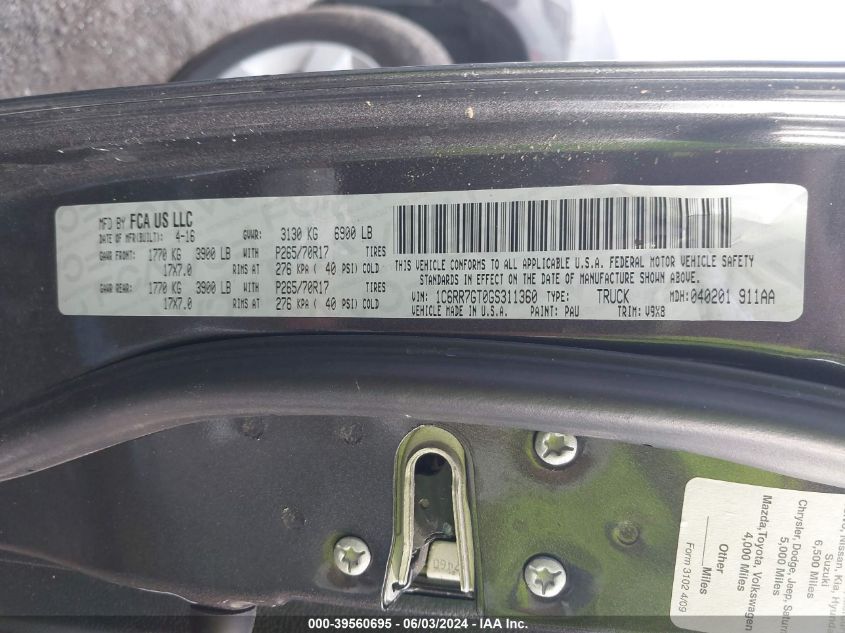 2016 Ram 1500 Slt VIN: 1C6RR7GT0GS311360 Lot: 39560695