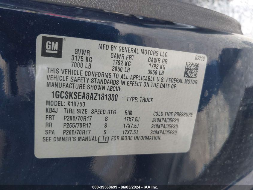 2010 Chevrolet Silverado K1500 Lt VIN: 1GCSKSEA8AZ181300 Lot: 39560699