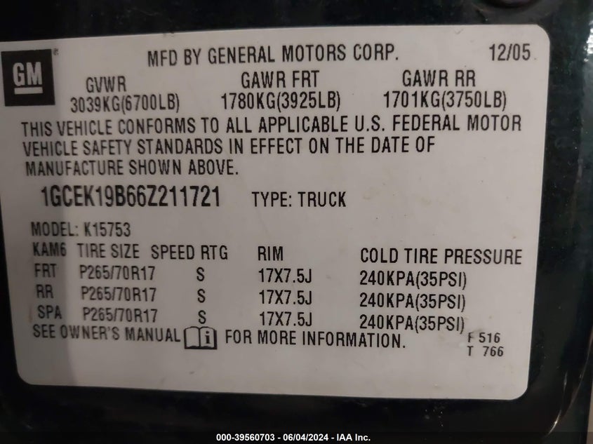 2006 Chevrolet Silverado 1500 Lt3 VIN: 1GCEK19B66Z211721 Lot: 39560703