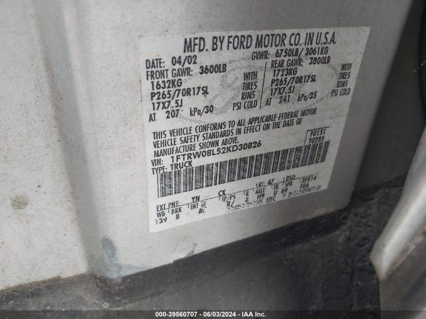 2002 Ford F-150 Lariat/Xlt VIN: 1FTRW08L52KD30826 Lot: 39560707