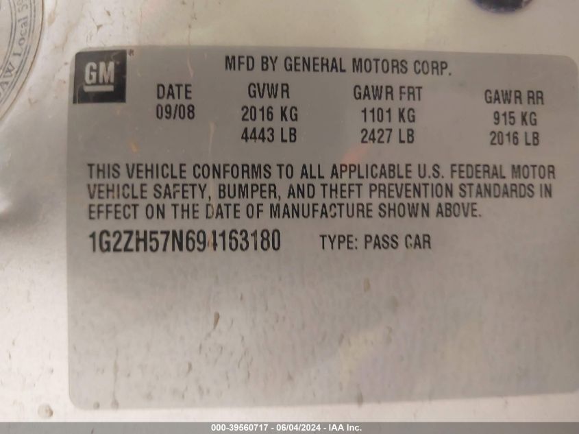 2009 Pontiac G6 Gt VIN: 1G2ZH57N694163180 Lot: 39560717