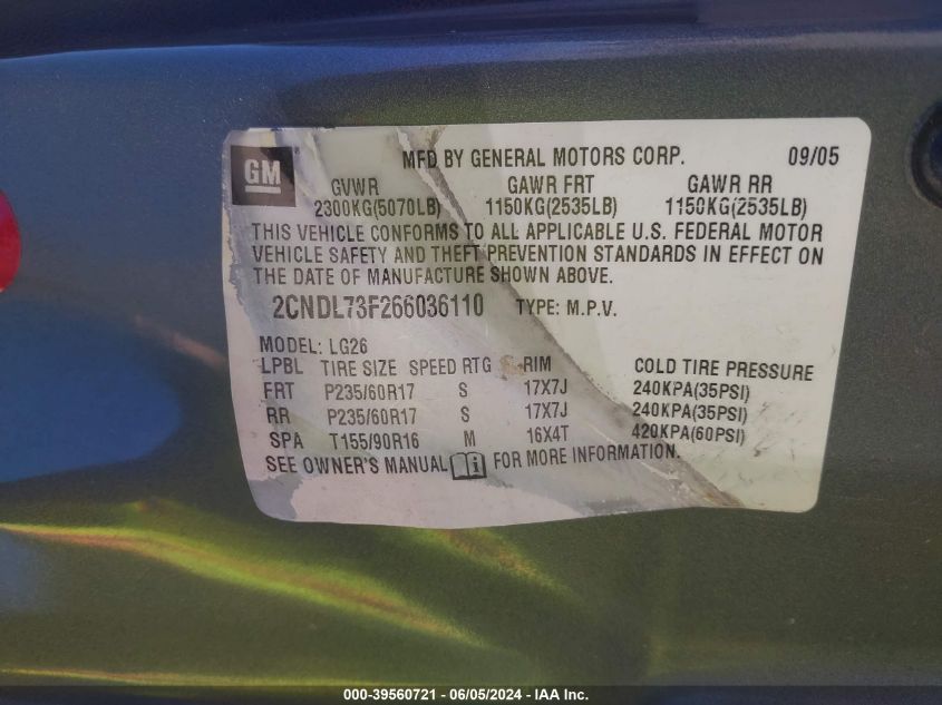 2006 Chevrolet Equinox Lt VIN: 2CNDL73F266036110 Lot: 39560721