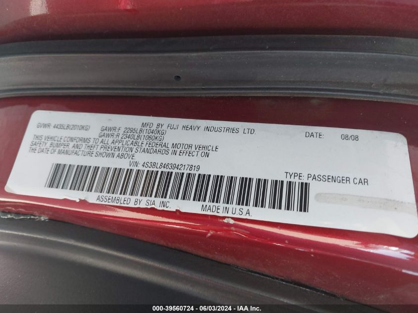 2009 Subaru Legacy 3.0R VIN: 4S3BL846394217819 Lot: 39560724