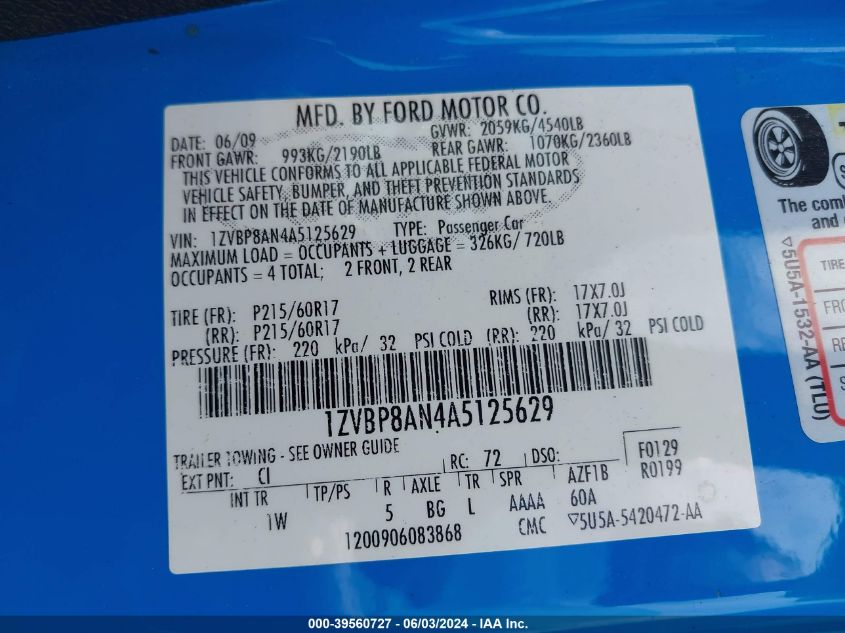 2010 Ford Mustang V6/V6 Premium VIN: 1ZVBP8AN4A5125629 Lot: 39560727