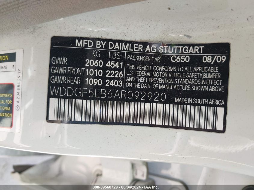 2010 Mercedes-Benz C 300 Luxury/Sport VIN: WDDGF5EB6AR092920 Lot: 39560729