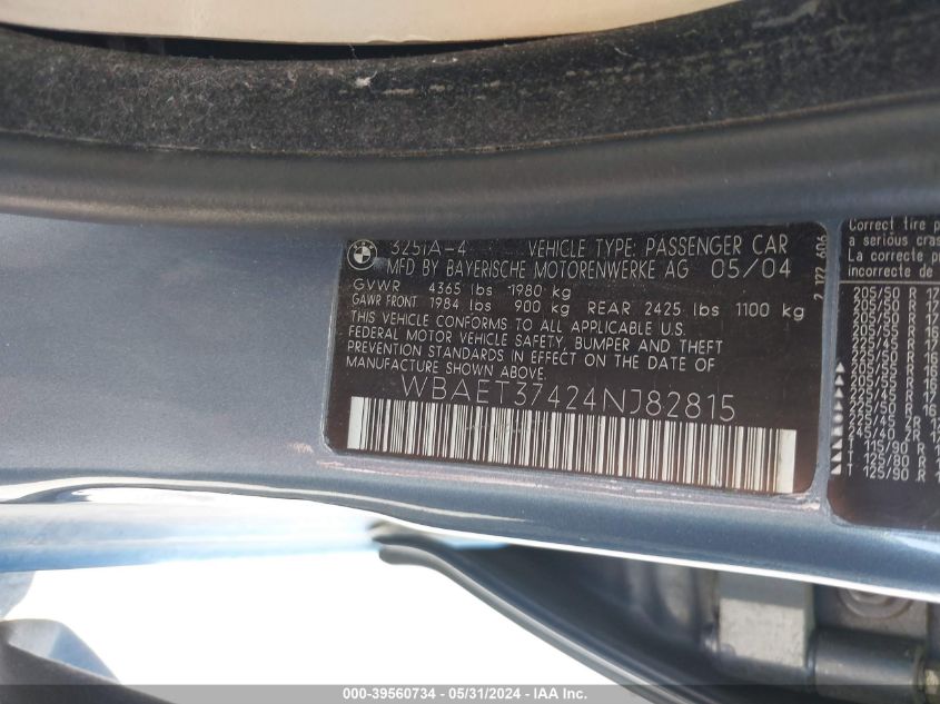 2004 BMW 325I VIN: WBAET37424NJ82815 Lot: 39560734