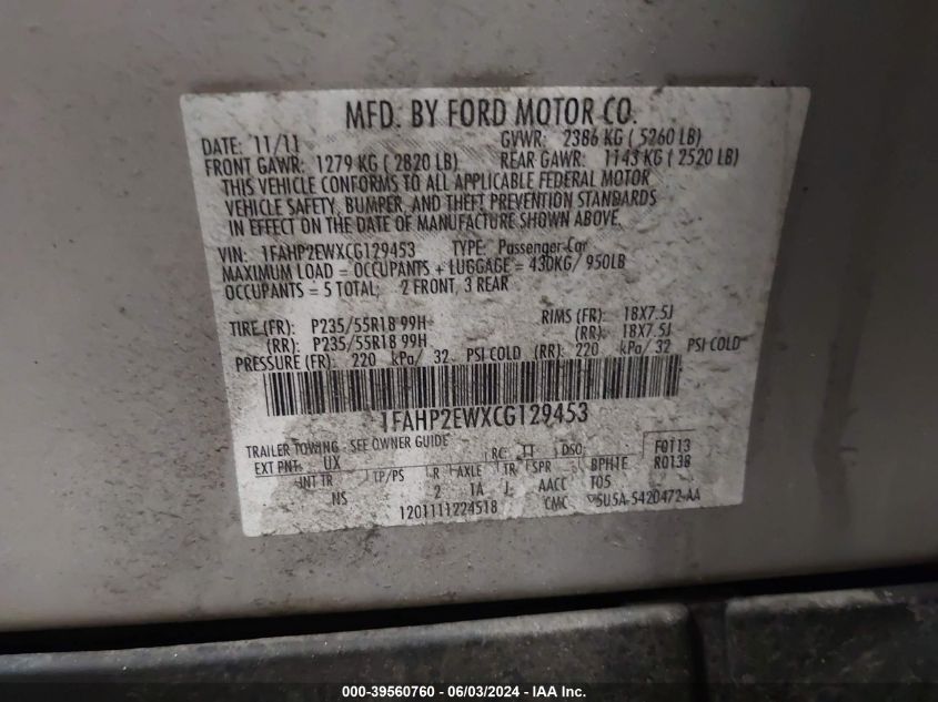 2012 Ford Taurus Sel VIN: 1FAHP2EWXCG129453 Lot: 39560760