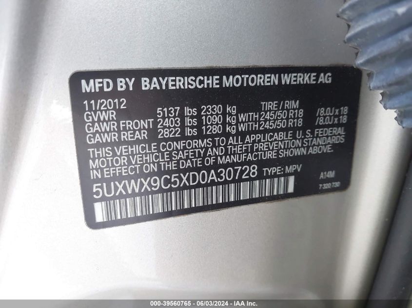 2013 BMW X3 xDrive28I VIN: 5UXWX9C5XD0A30728 Lot: 39560765