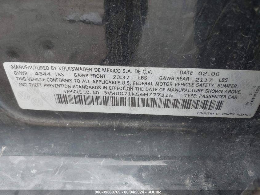 2006 Volkswagen Jetta 2.5 VIN: 3VWDG71K56M777315 Lot: 39560769