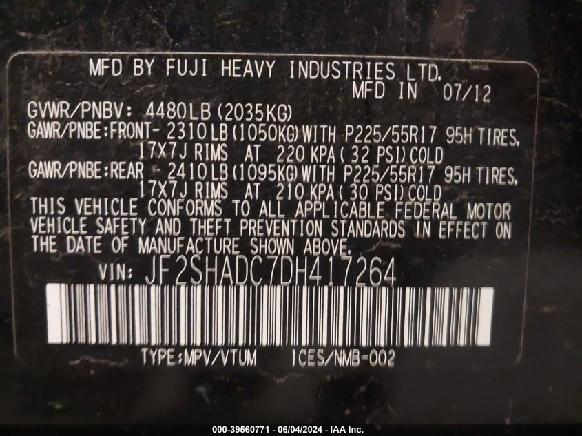 2013 Subaru Forester 2.5X Premium VIN: JF2SHADC7DH417264 Lot: 39560771