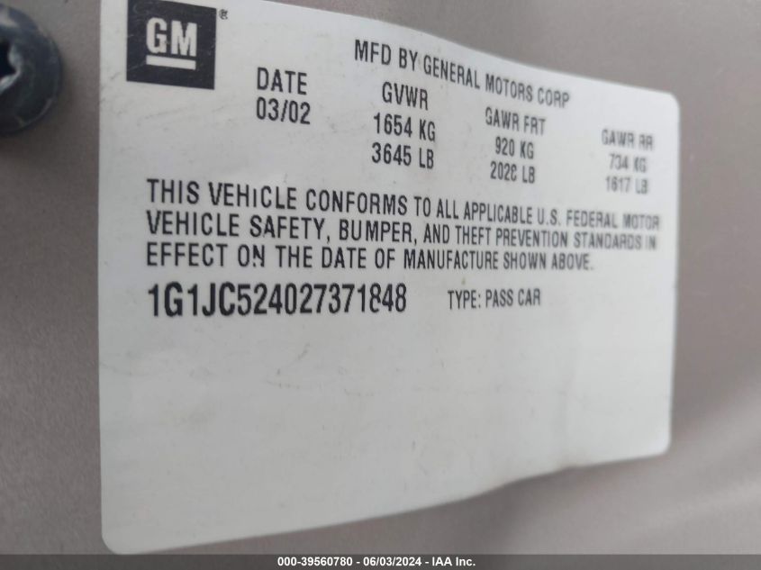 2002 Chevrolet Cavalier VIN: 1G1JC524027371848 Lot: 39560780