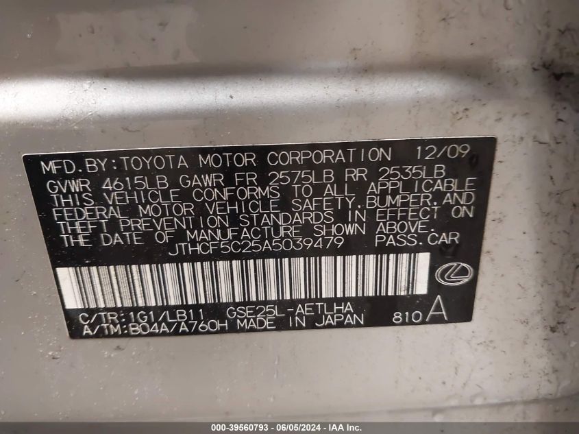 2010 Lexus Is 250 VIN: JTHCF5C25A5039479 Lot: 39560793