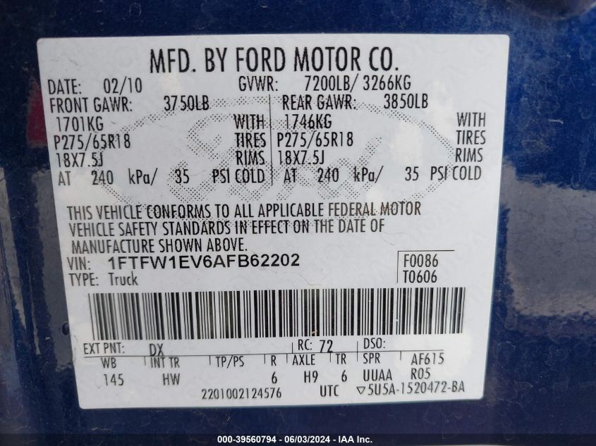 2010 Ford F-150 Fx4/Harley-Davidson/King Ranch/Lariat/Platinum/Xl/Xlt VIN: 1FTFW1EV6AFB62202 Lot: 39560794