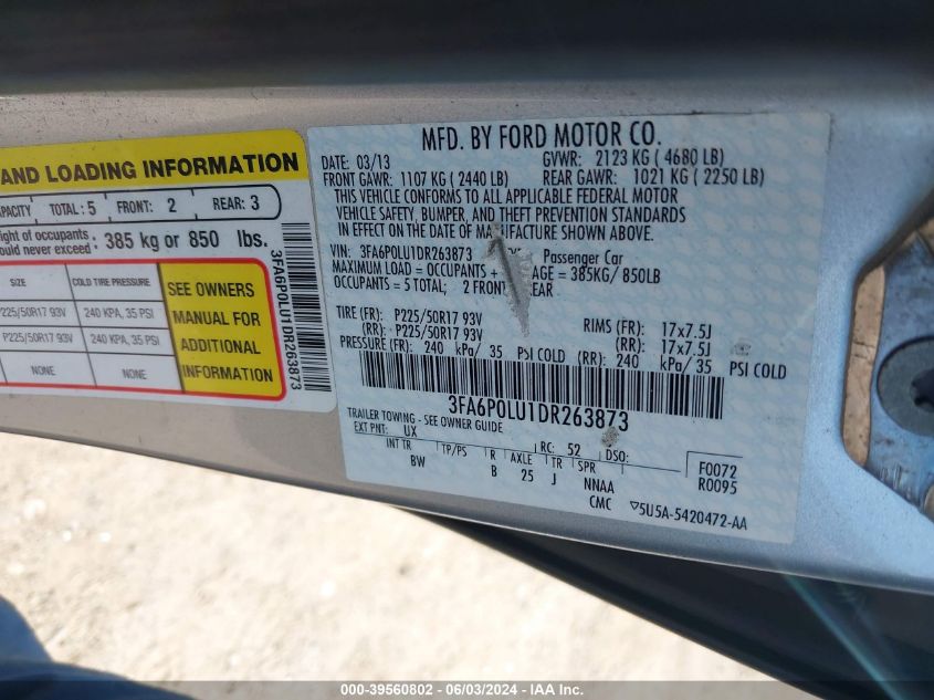 3FA6P0LU1DR263873 | 2013 FORD FUSION HYBRID