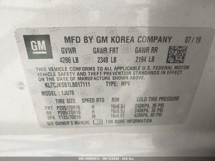 2020 Chevrolet Trax Fwd Ls VIN: KL7CJKSB1LB017111 Lot: 39560813