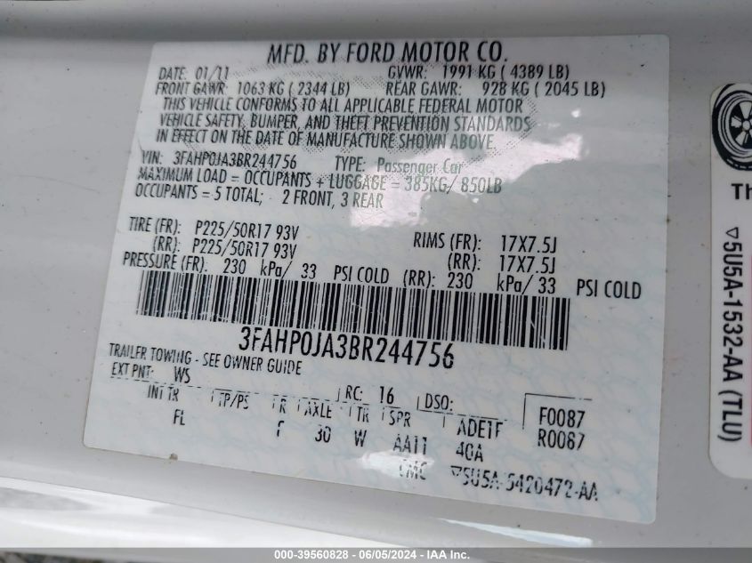 2011 Ford Fusion Sel VIN: 3FAHP0JA3BR244756 Lot: 39560828