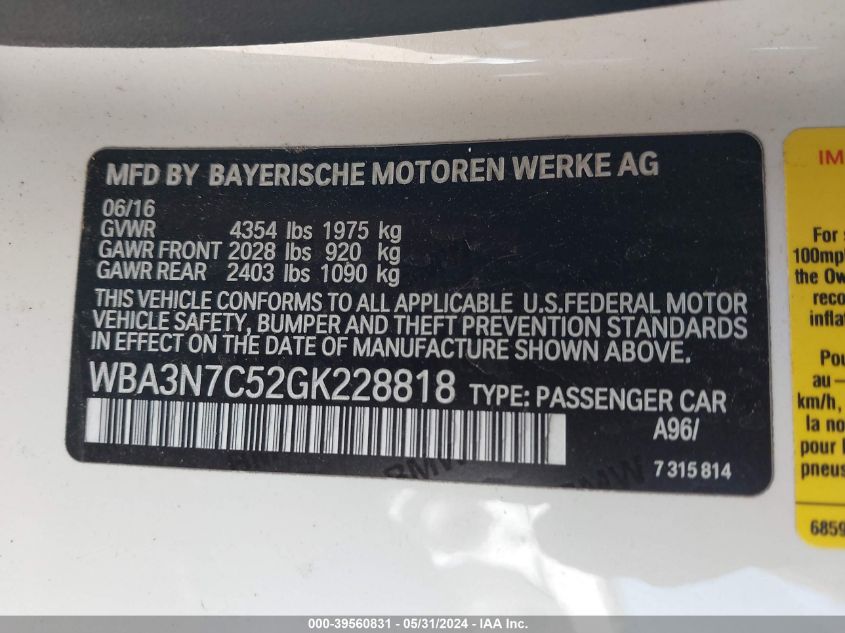 2016 BMW 428I VIN: WBA3N7C52GK228818 Lot: 39560831